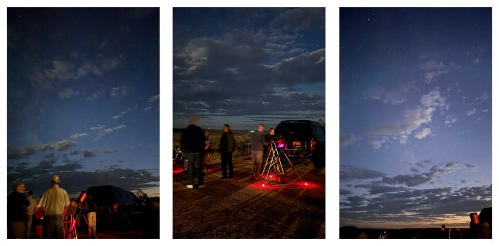 A triptych of Airstream Club members enjoying a star party during an Airstream Rally in Kanab, Utah