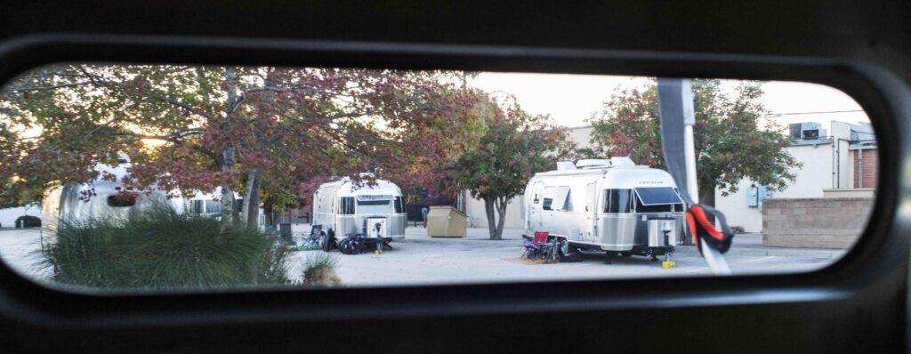 Airstreams parked at an urban Airstream Rally in Artesia, New Mexico
