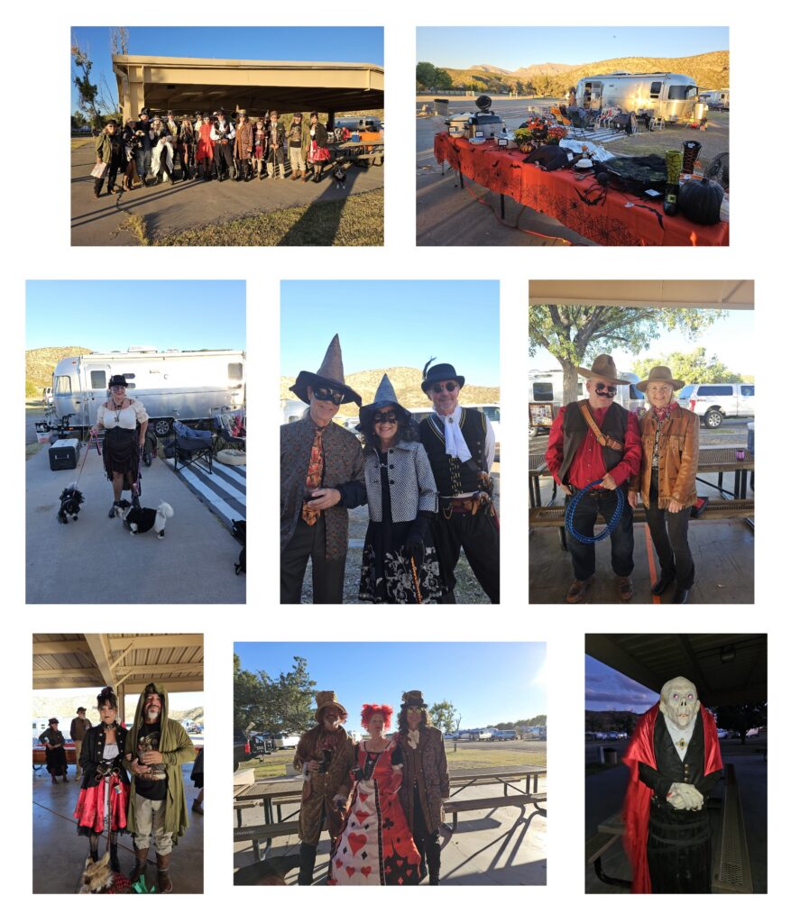 Halloween costumes and festivities at an Airstream Rally hosted by the Four Corners Unit at Caballo Lake State Park, New Mexico