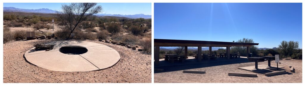Ramada and fire pit at the McDowell Mountain Regional Park group site campground perfect for an Airstream Club rally