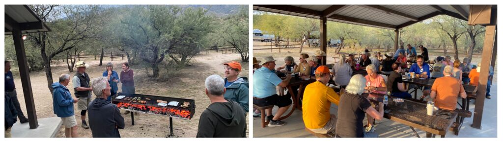 Four Corners Unit members of the Airstream Club grilling and eating dinner together during an Airstream Rally at Catalina State Park in Arizona