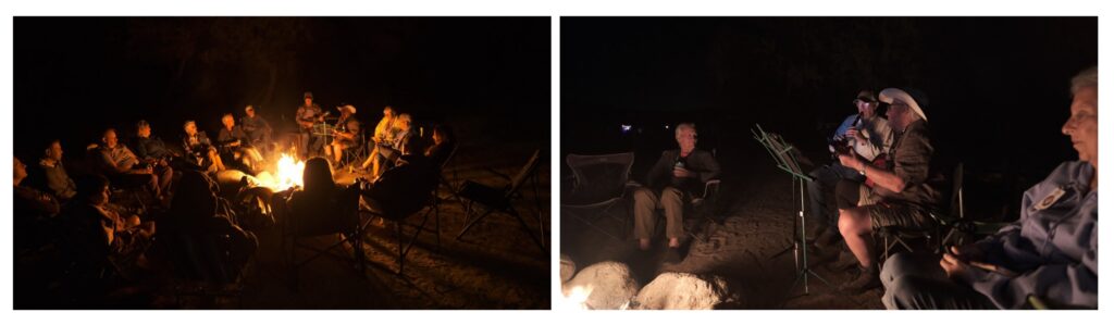 Airstream club members gathered around the campfire with musicians during an Airstream Rally in Tucson, Az