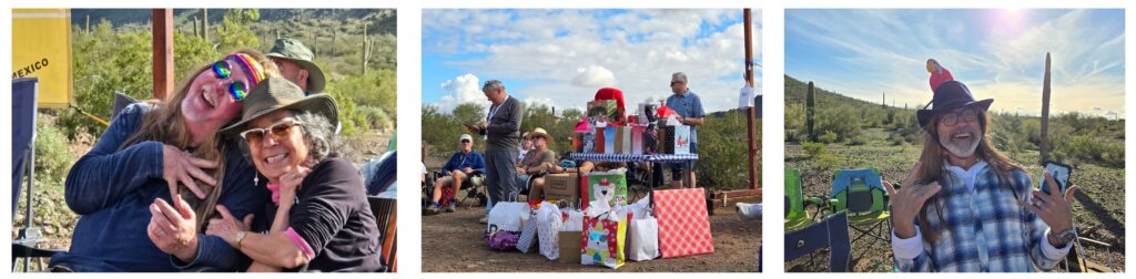 Airstream club members enjoying a White Elephant party during a New Years Eve Airstream Rally in Arizona