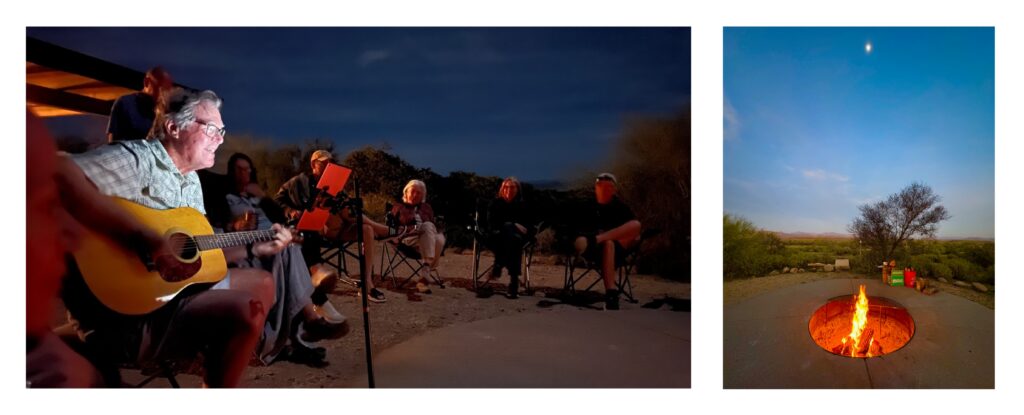 Campfire and sing-along at a Four Corners Unit Airstream club rally near Phoenix Arizona.