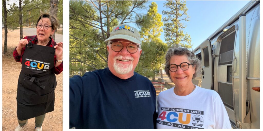 Four Corners Unit Airstream Club members displaying their club swag at a rally in Colorado