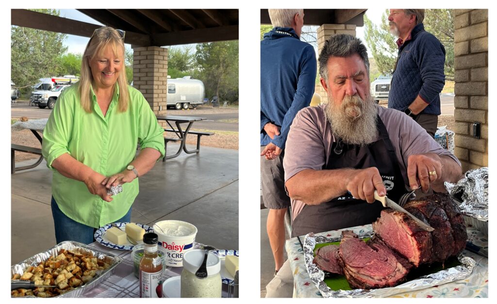 Prime rib and shrimp dinner enjoyed by Airstream Club rally attendees in Arizona.