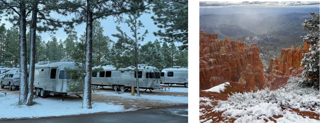 Airstreams and Hoodoos at a Bryce Canyon Airstream Rally with snow at the campsite and in the canyon