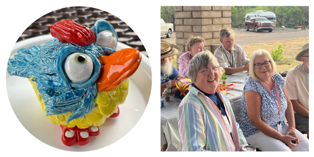 A whimsical ceramic bird as a draw prize for Four Corners Unit club members as a recognition for food bank donations at an Airstream club rally in Arizona.