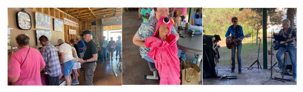Collage of 4CU Rally goers in Chama, New Mexico  at the buffet table and listening to music