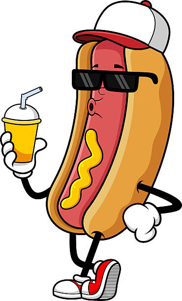 Cartoon hot dog with sunglasses, drink, and ball cap for Labor Day