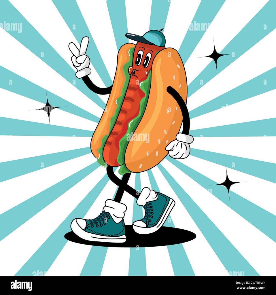 A cartoon hot dog dressed up